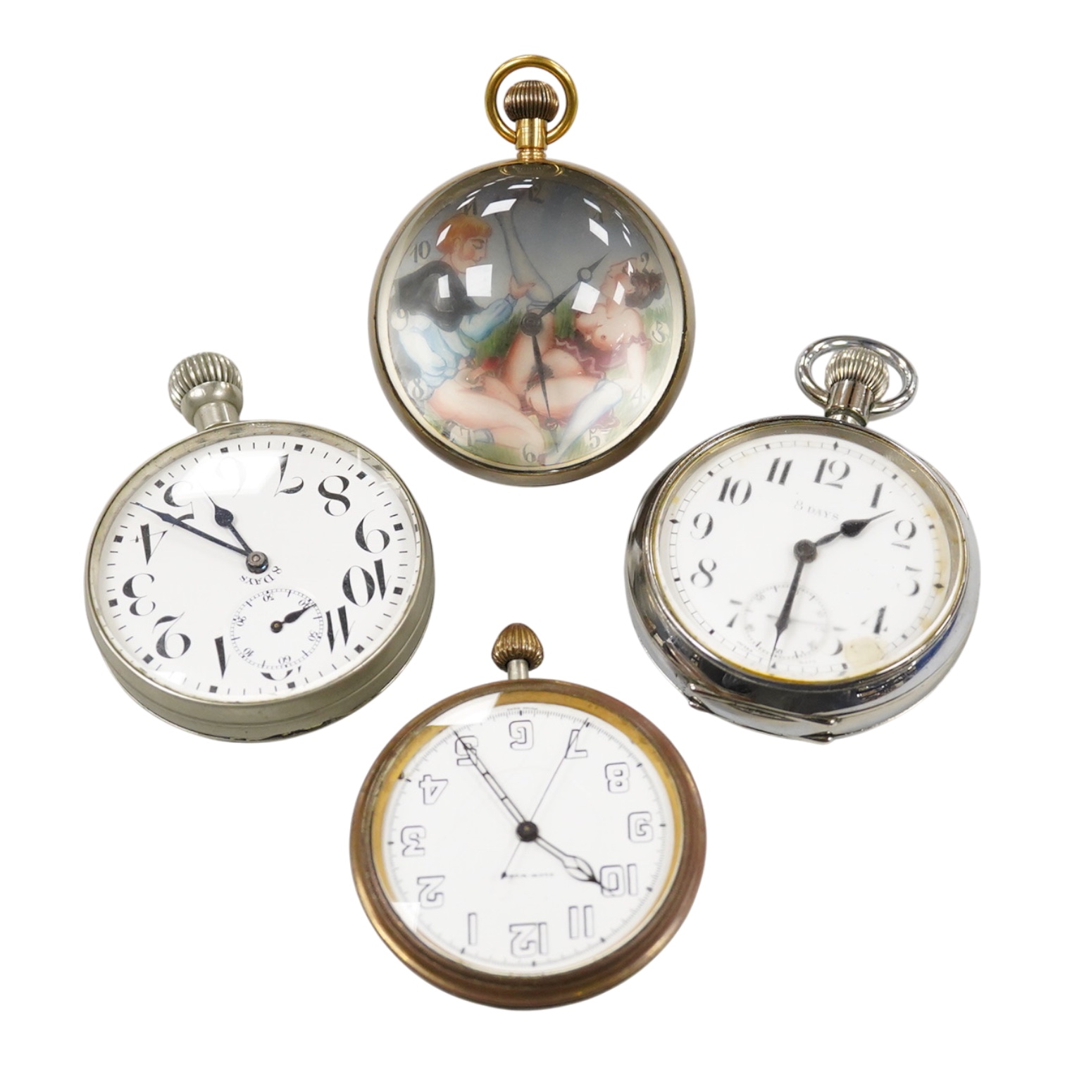 An erotic globe watch, a base metal open faced 8 day keyless pocket watch and two car dashboard clocks including Glo-Worm, largest case diameter 66mm.